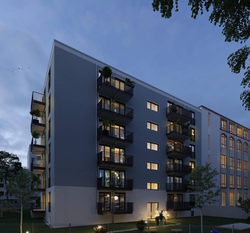 Fassade Mehrfamilienhaus im Abendlicht