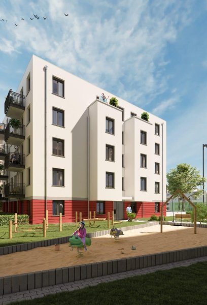 Fassade Mehrfamilienhaus und Spielplatz