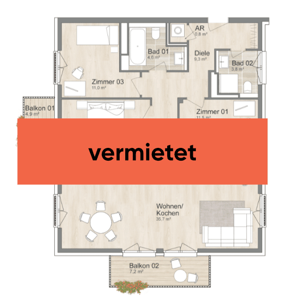 vermietet: Grundriss 3-Zimmer-Wohnung