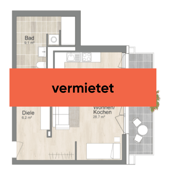 vermietet: Grundriss 1-Zimmer-Wohnung