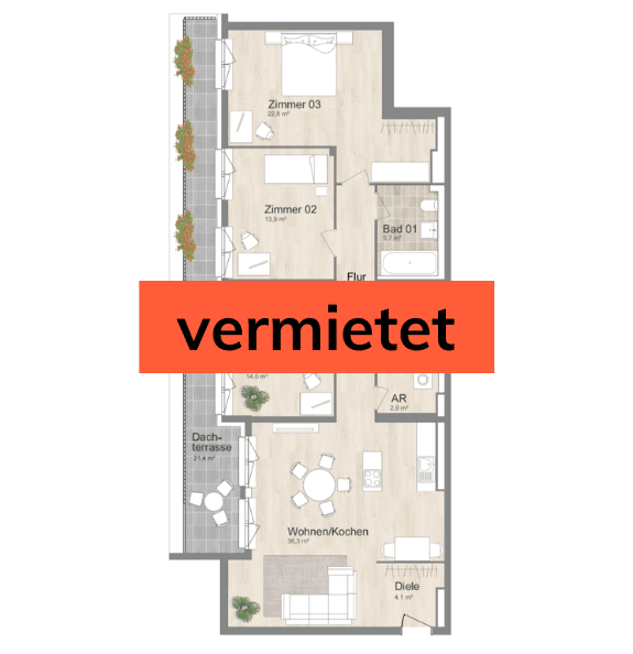 vermietet: Grundriss 4-Zimmer-Wohnung