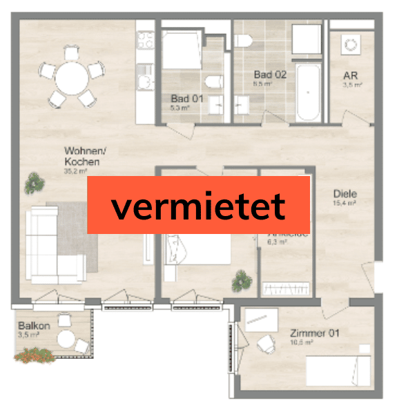 vermietet: Grundriss 3-Zimmer-Wohnung