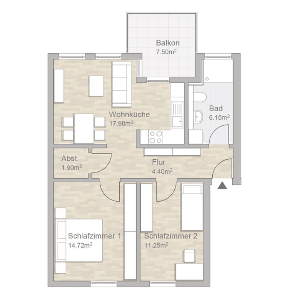 Grundriss 3-Zimmer-Wohnung