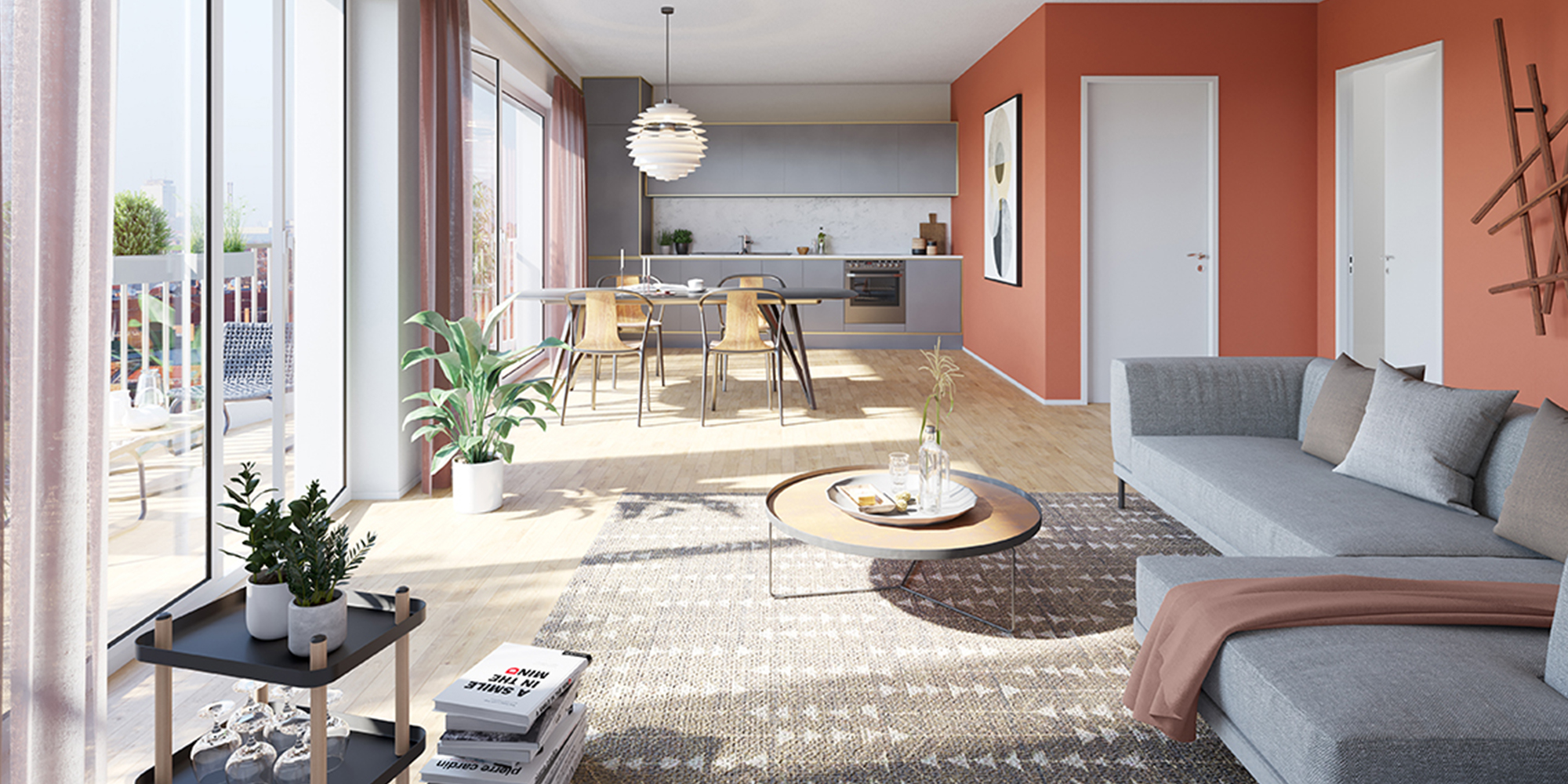 moderner heller Wohnraum mit Balkon und sonnigem Lichteinfall