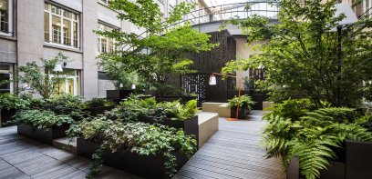 Innenhof mit vielen Pflanzen