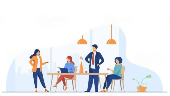 Grafik mit Konferenztisch und Personen in Besprechung