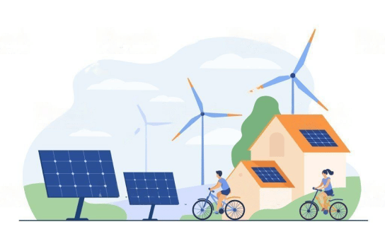 Grafik mit Fotovoltaik-Anlagen und Windrädern