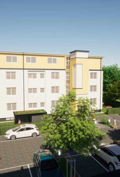 Fassade Mehrfamilienhaus mit Parkplätzen