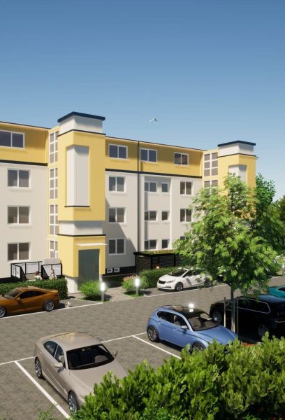 Fassade Mehrfamilienhaus mit Parkplätzen