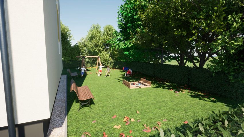 Garten mit Spielplatz und spielenden Kindern