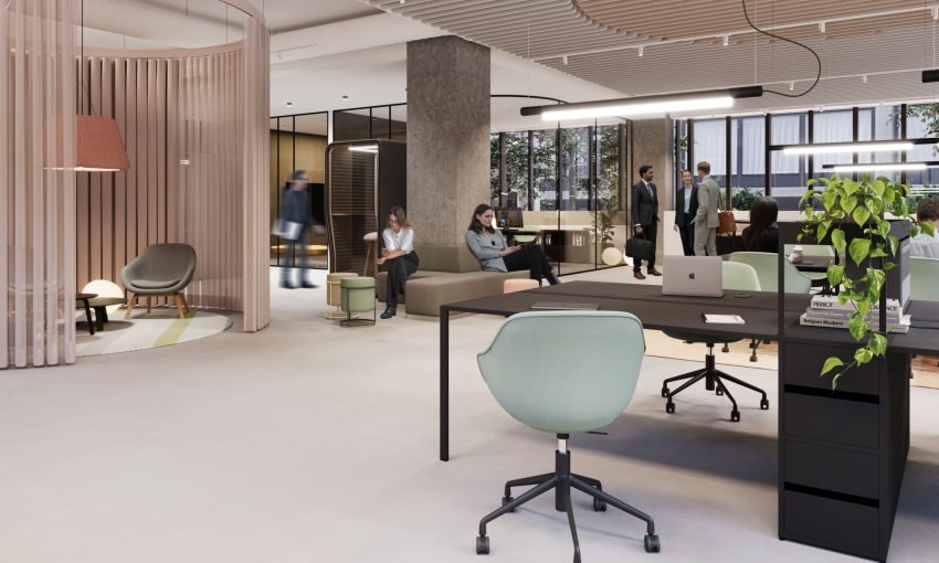 Großraumbüro und Sitzmöglichkeiten