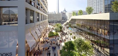 Belebte Fußgängerzone mit Büro und Geschäftsgebäuden