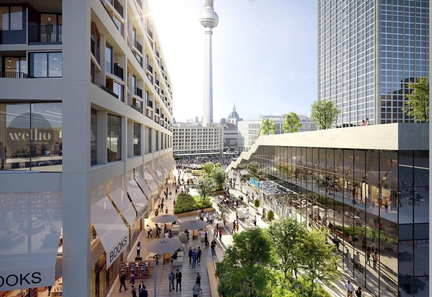 Belebte Fußgängerzone, Büro,hochhäuser und Fernsehturm