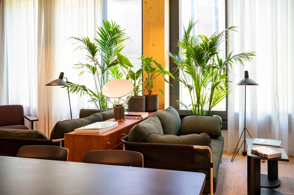 Wartebereich mit Sofas und Grünpflanzen