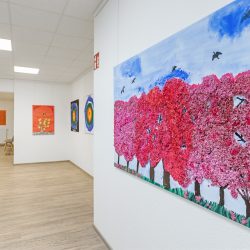 Verschiedene Kunstwerke an weißer Wand