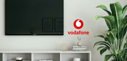 Ein Fernseher, eine Pflanze und Vodafone Logo