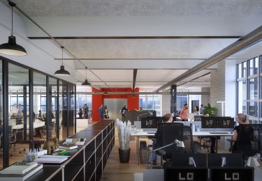 Beispielhafte Einrichtung eines modernen Großraumbüros