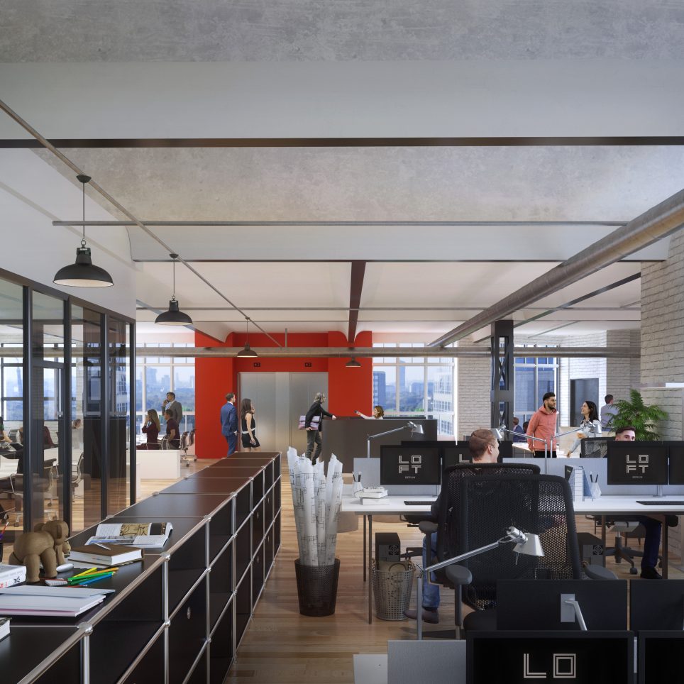 Beispielhafte Einrichtung eines modernen Großraumbüros