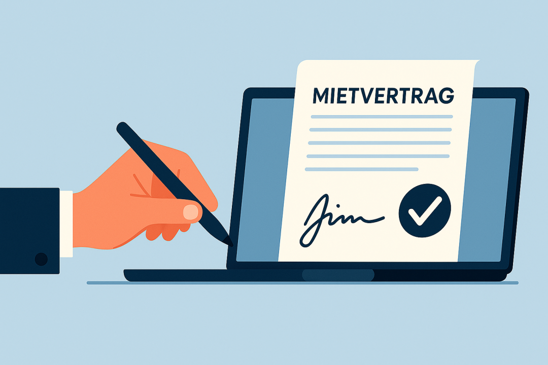 Hand unterschreibt digitalen Gewerbemietvertrag, KI generiert