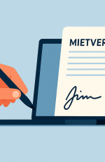 Hand unterschreibt digitalen Gewerbemietvertrag, KI generiert