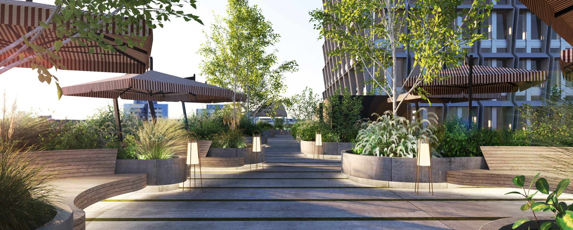 Terrasse mit Garten auf dem Sockelgebäude des 030BLN