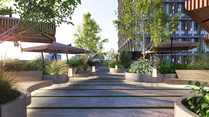 Terrasse mit Garten auf dem Sockelgebäude des 030BLN