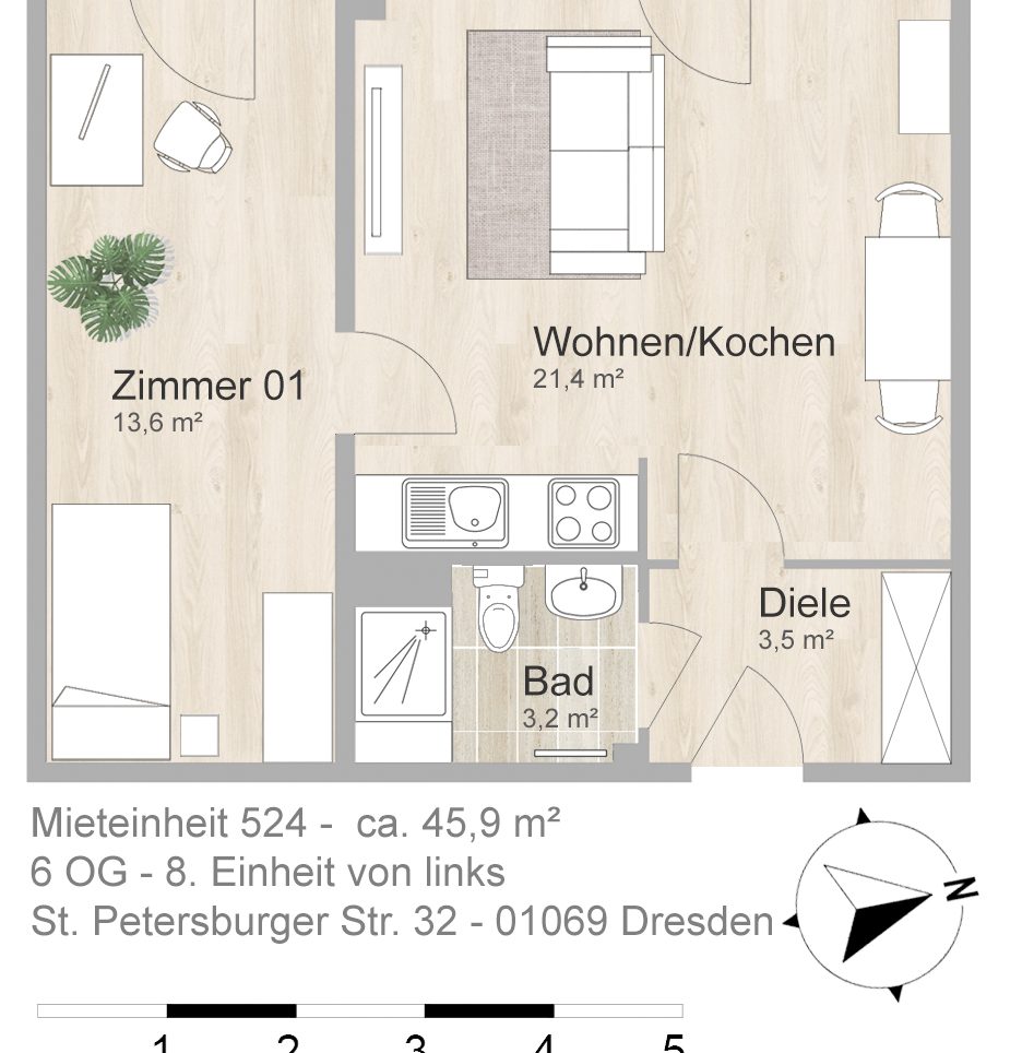 Grundriss farbig / möbliert