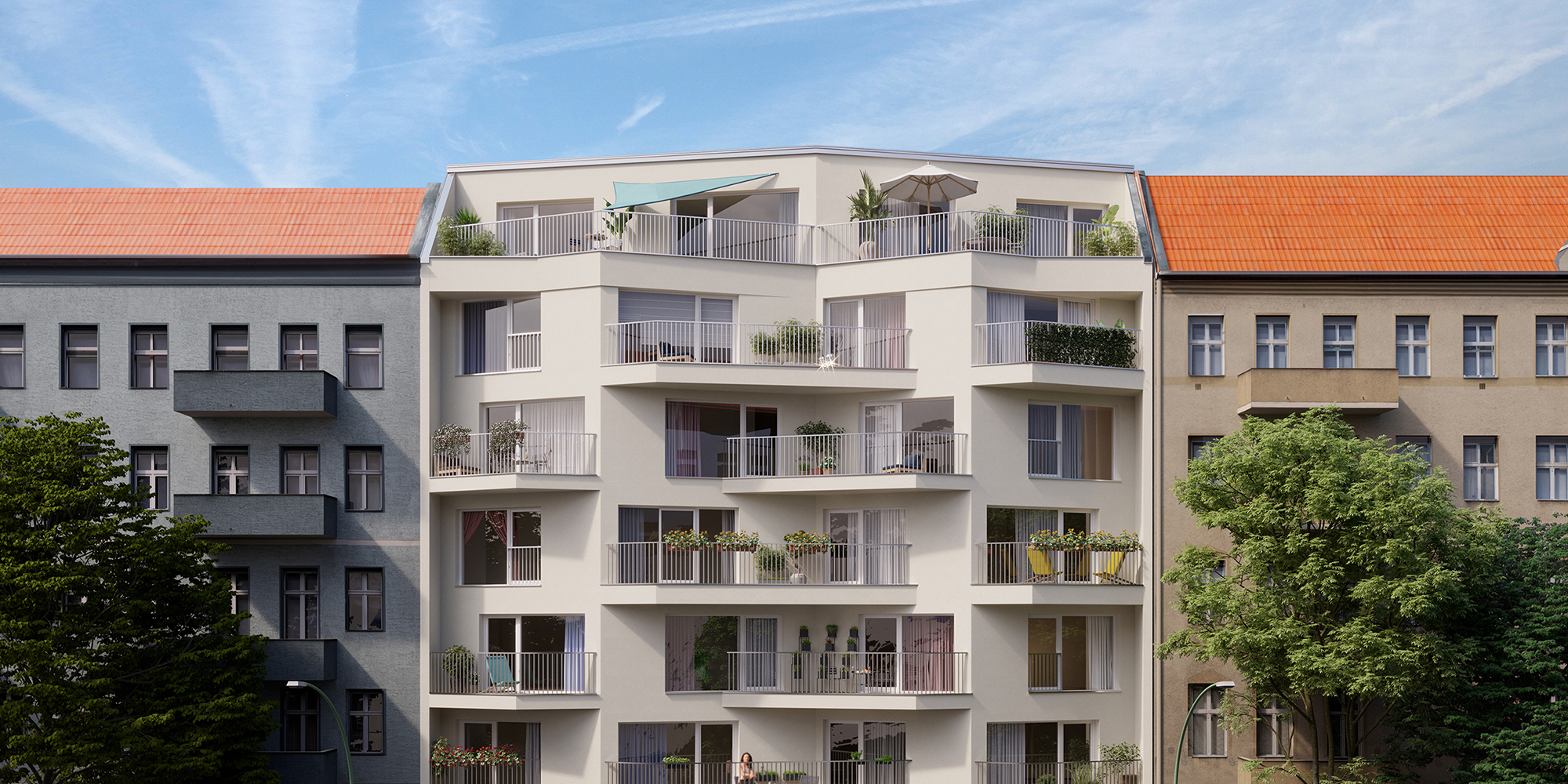 Modernes Mehrfamilienhaus mit vielen Balkonen