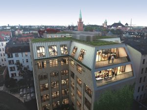 Blick über Stadt mit hohen Gebäuden