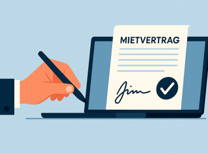 Hand unterschreibt digitalen Gewerbemietvertrag, KI generiert