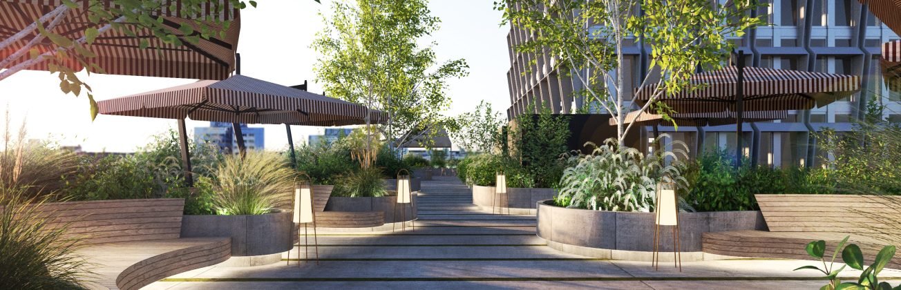 Terrasse mit Garten auf dem Sockelgebäude des 030BLN