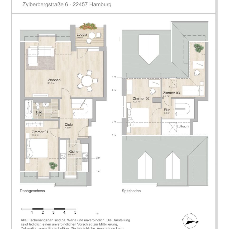 Grundriss farbig / möbliert